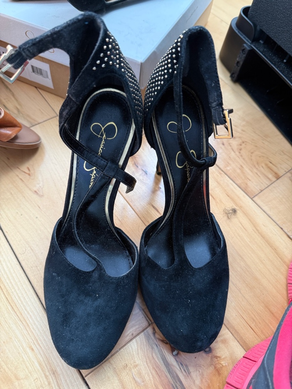 Jessica Simpson Black Suede Studded Ankle-Strap Heels